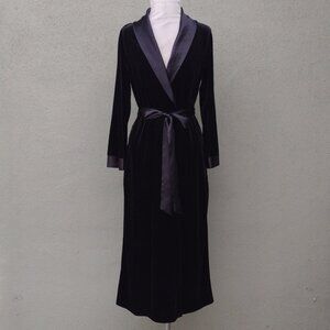 In Bloom Black Velour Satin Trimmed Long Robe S